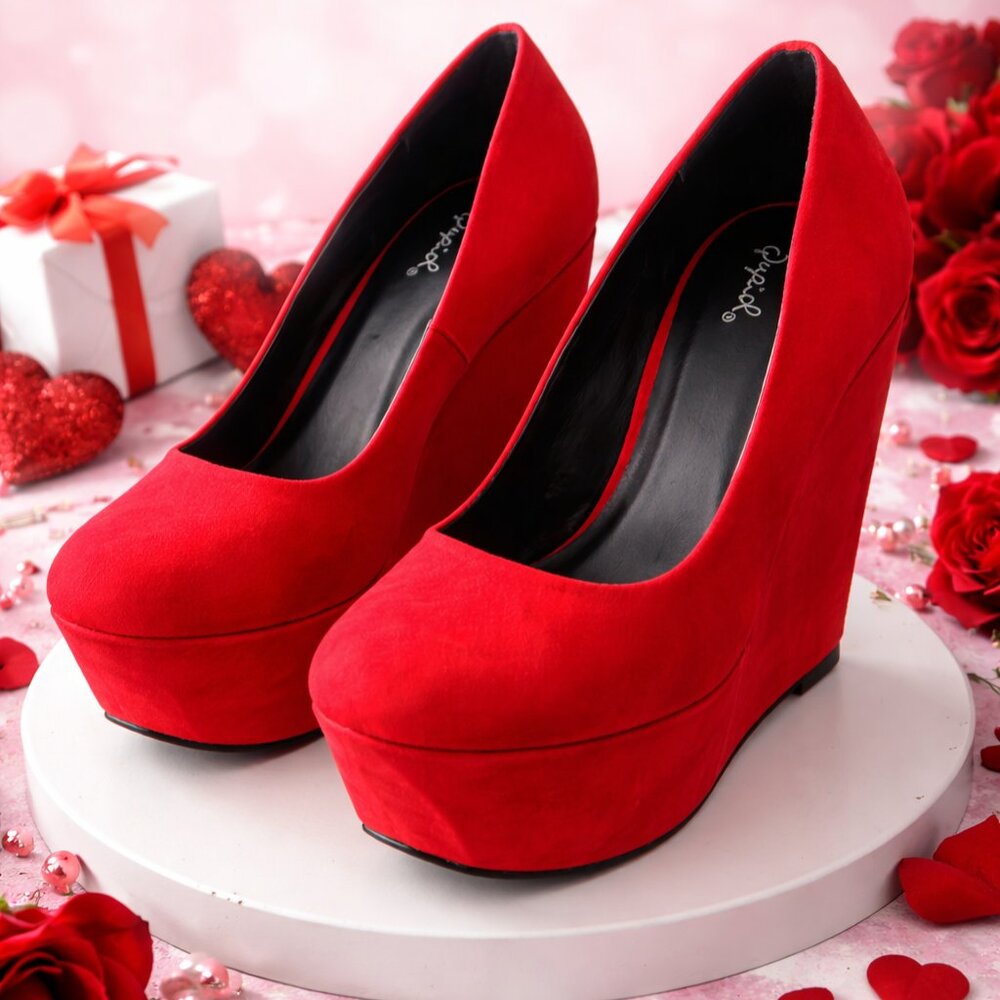 Qupid Red Faux Suede Platform Wedge Heels 8.5 Valentine’s Day NWOT